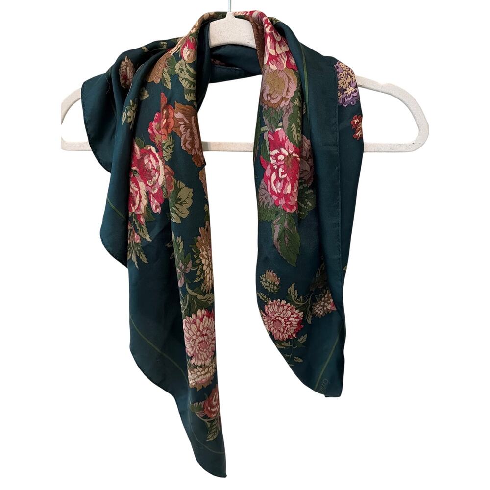 Vintage Club 7 Echo Silk Scarf Green Floral Pink Brown Square 35 inch Old Money